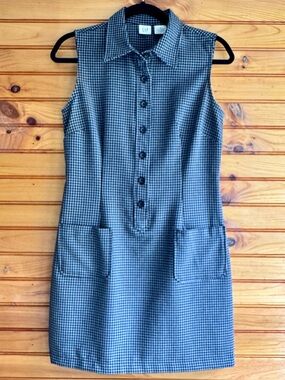Vintage GAP Gingham Shift Dress 8 Sleeveless Button Front Pocket 90s Plaid Navy